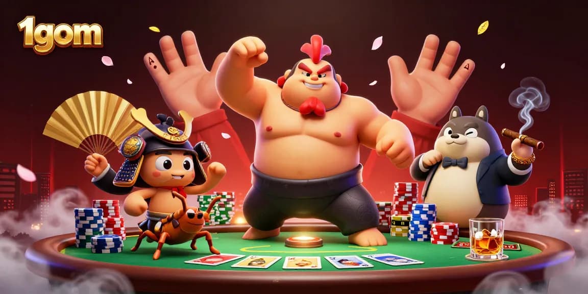 1gom showcases a powerful sumo rooster championing poker action amidst vibrant casino elements.