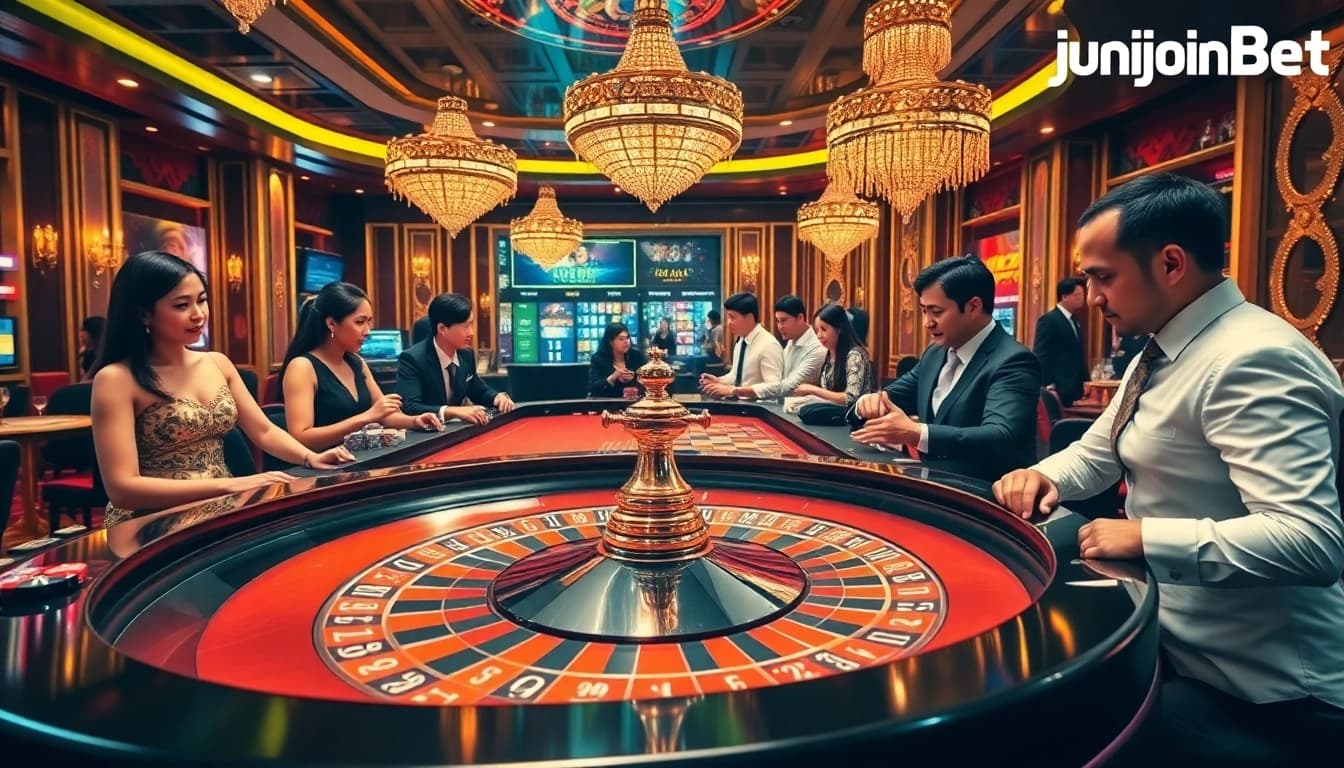 Experience the thrill of jun88 bet at an exciting casino scene with roulette and professional dealers.