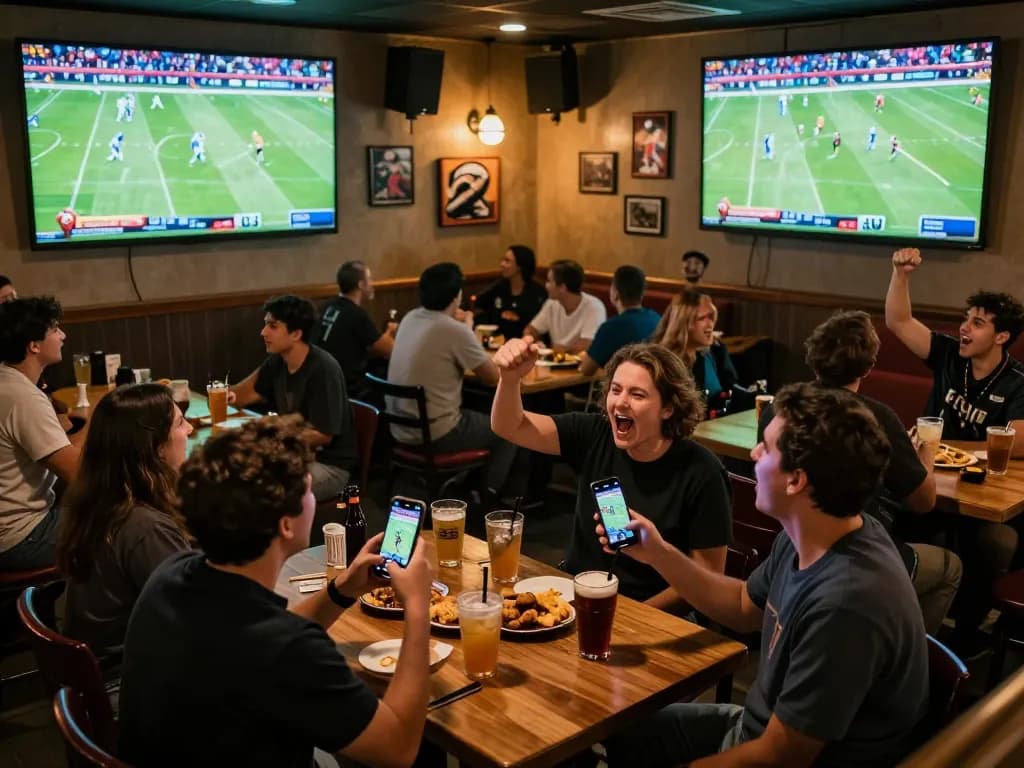 Exciting football stream Cakhiatv scene in a crowded sports bar with fans cheering