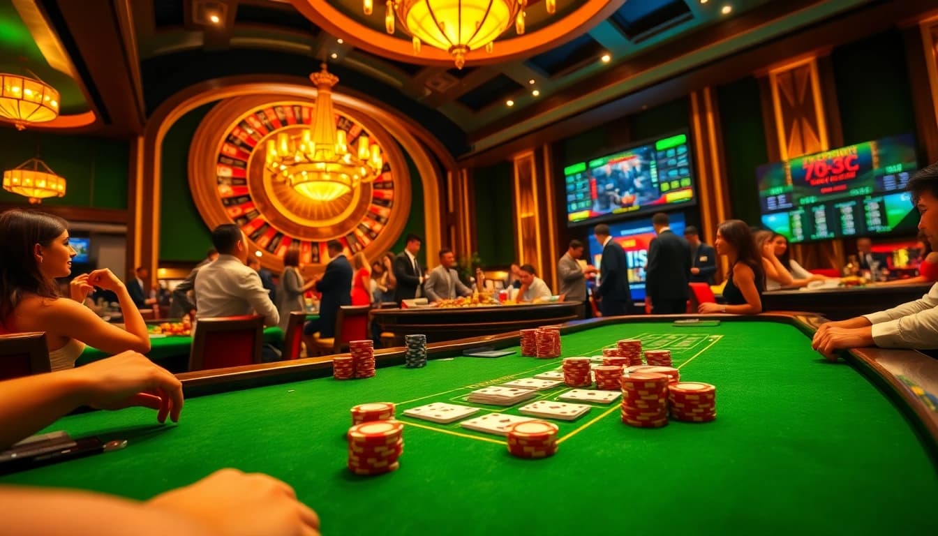 Experience the thrill of okfun casino with vibrant gaming tables and excited players.