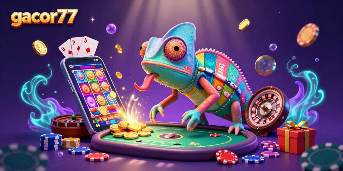 Gacor77 menghadirkan chameleon kasino dalam ilustrasi 3D yang penuh warna dan elemen menarik.