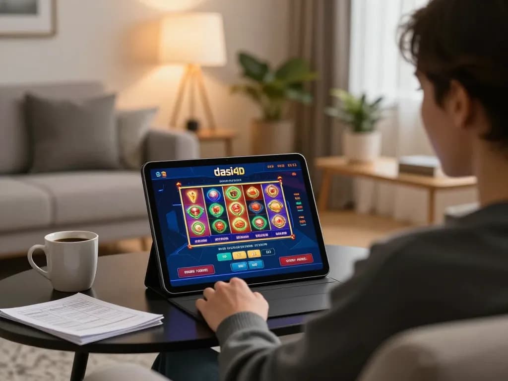 pengaturan permainan mobile dasi4d dengan tablet menampilkan antarmuka kasino online dan catatan strategi
