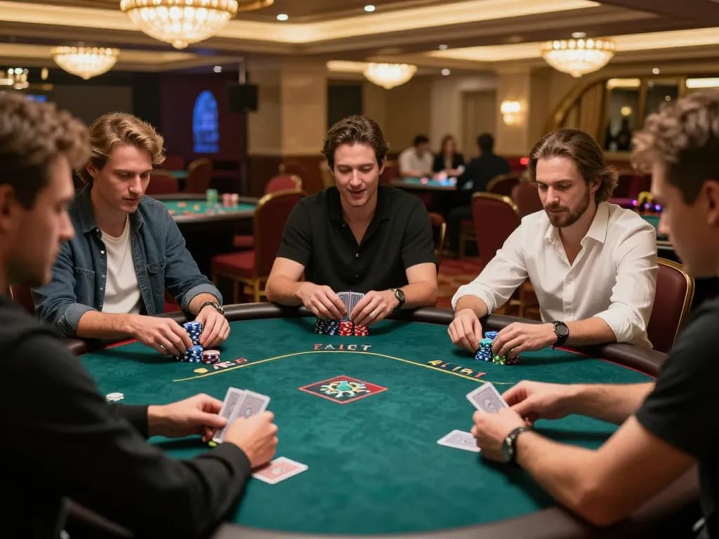 iWin players engaging in an intense poker game, showcasing strategy and excitement in a lavish casino setting