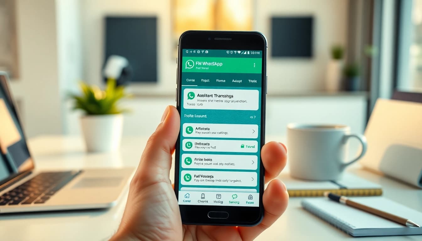 FM WhatsApp interface displayed on a smartphone in a modern workspace setting.