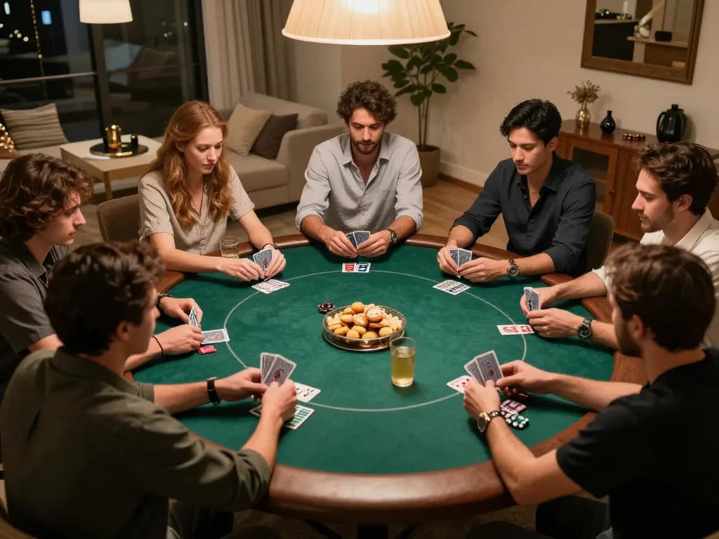 Players enjoying a thrilling poker game at home, showcasing rr88's social gambling atmosphere.