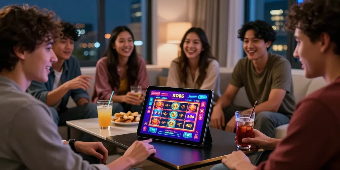Friends enjoying KO66 gaming app in cozy apartment setting.
