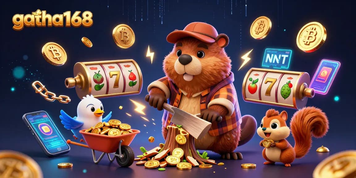 Spin the reels with gacha168 in this vibrant 3D scene featuring charismatic characters and casino elements.