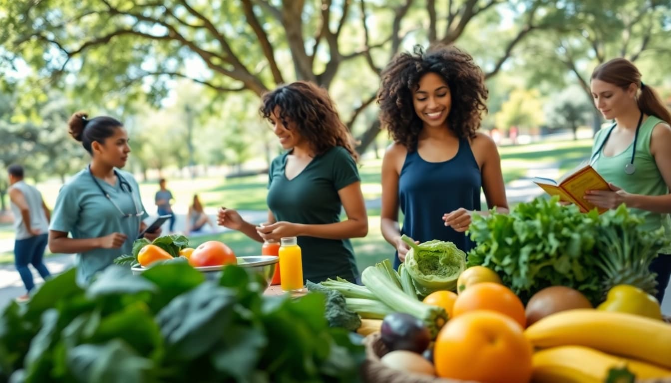 Engaging scene illustrating Health through wellness practices in a vibrant outdoor setting.