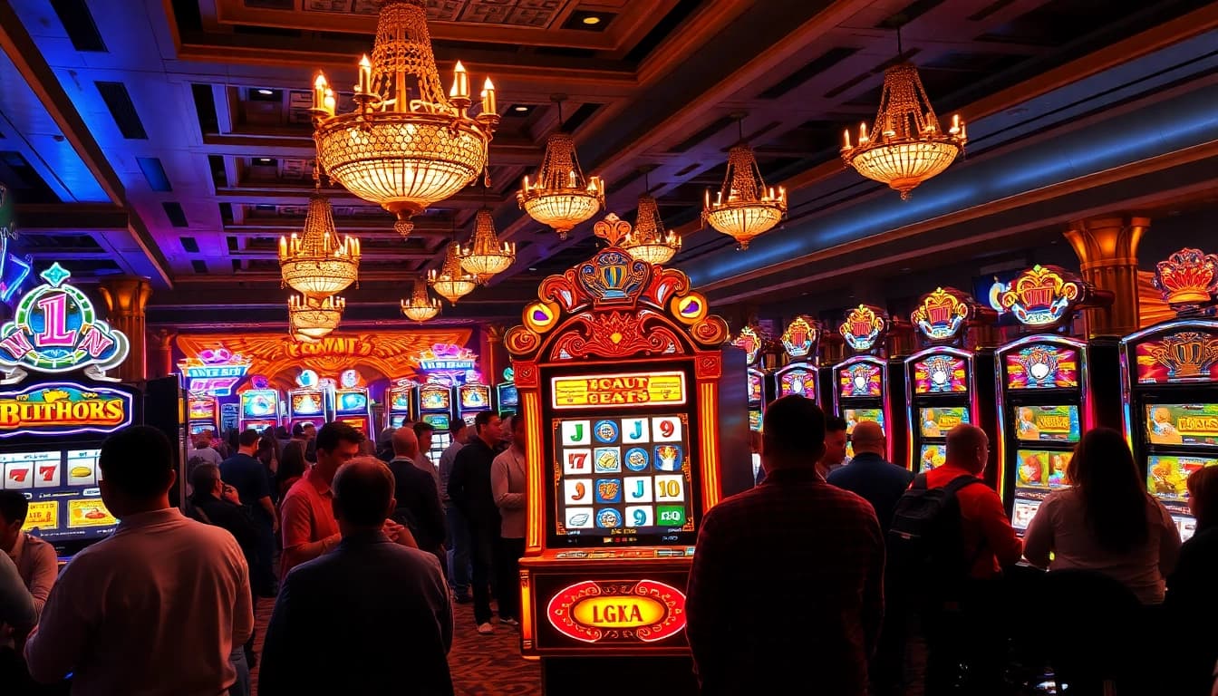 Slot resmi menampilkan mesin slot mewah dan pemain antusias di kasino yang meriah.