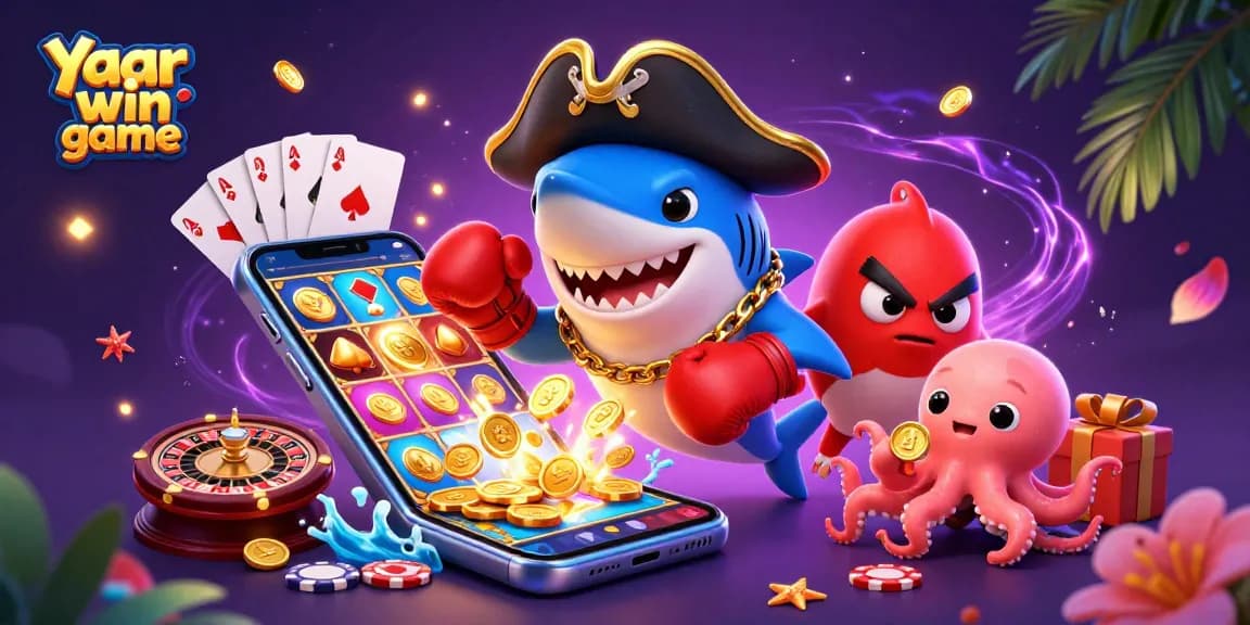 Experience the thrilling Yaar win game with an engaging 3D illustration featuring playful characters and vibrant casino elements.