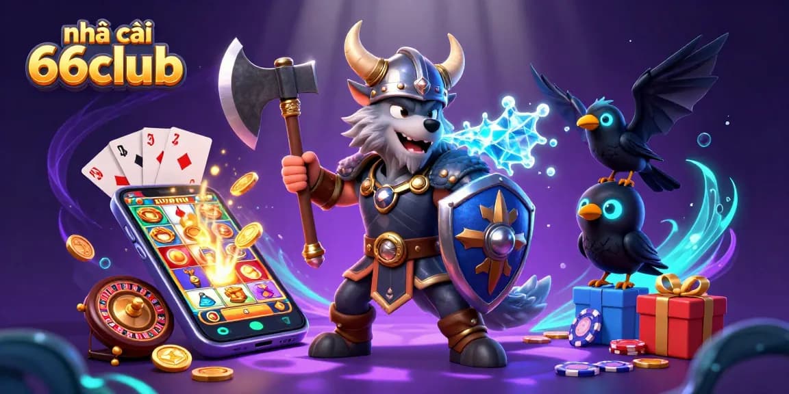 Join the excitement at nhà cái 66club with a dynamic scene featuring a Viking warrior, a fierce dragon, and vibrant casino game elements.