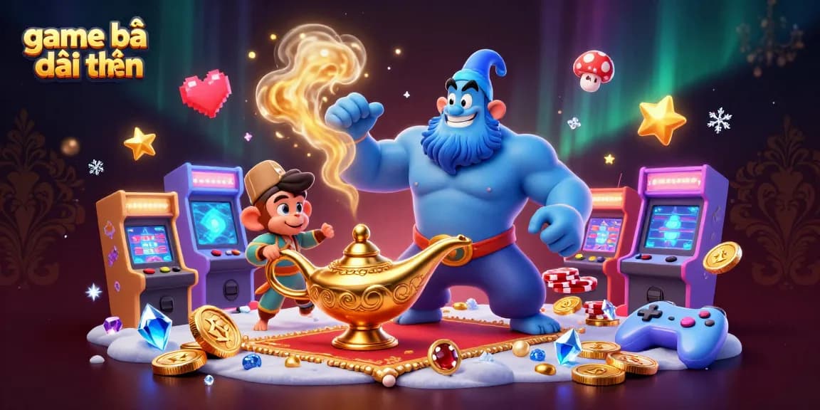 Engage in game bài đổi thưởng with magical antics of a genie, poker chips, and vibrant gaming elements.