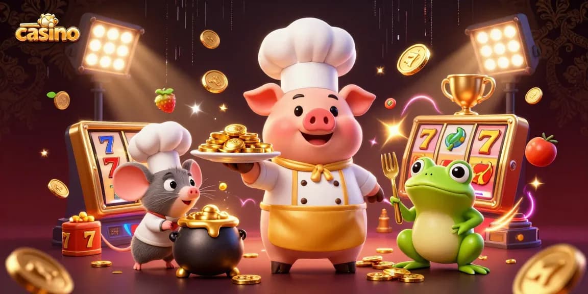 Engage with a vibrant casino scene featuring a chef pig, mouse, and frog amidst animated slot reels.