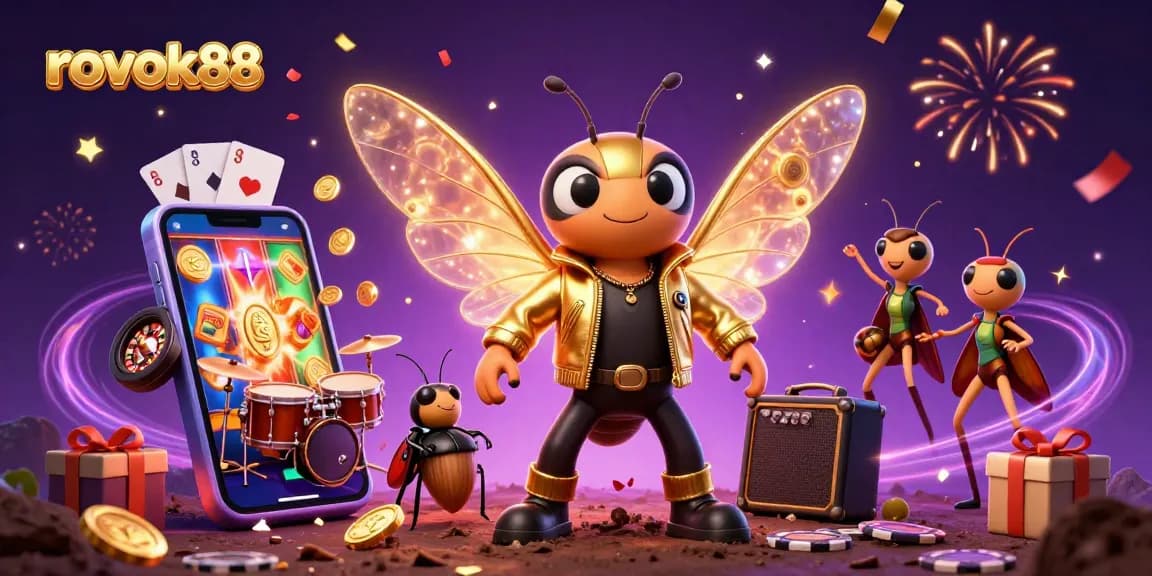 Engage with rokok88 through vibrant slot games featuring a cicada rock star and whimsical casino elements.