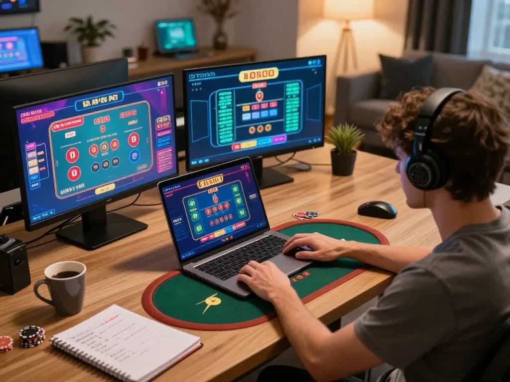 Player strategizing in an online poker game on a laptop, discovering winning tactics on onbet.