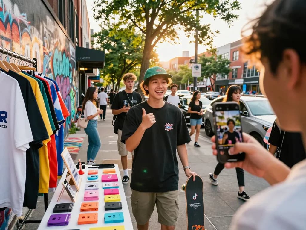TikTok Shop Still Profitable scene depicting an entrepreneur showcasing trendy products during a live stream, engaging a vibrant urban audience