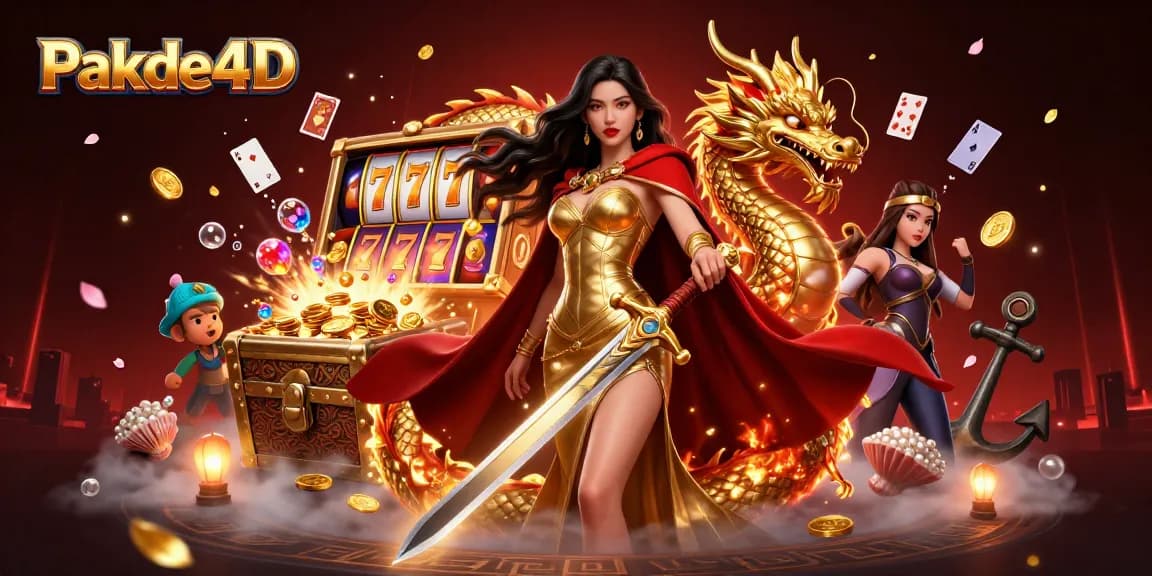Pakde4D showcases an Asian warrior queen in a dynamic casino scene filled with spinning slot reels and floating cards.