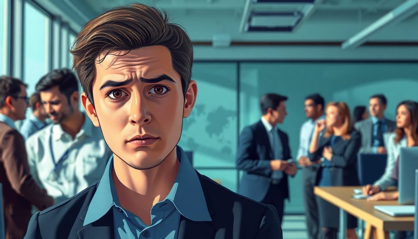 Mobbing am Arbeitsplatz zeigt eine isolierte Person in einem Büro voller Kollegen.