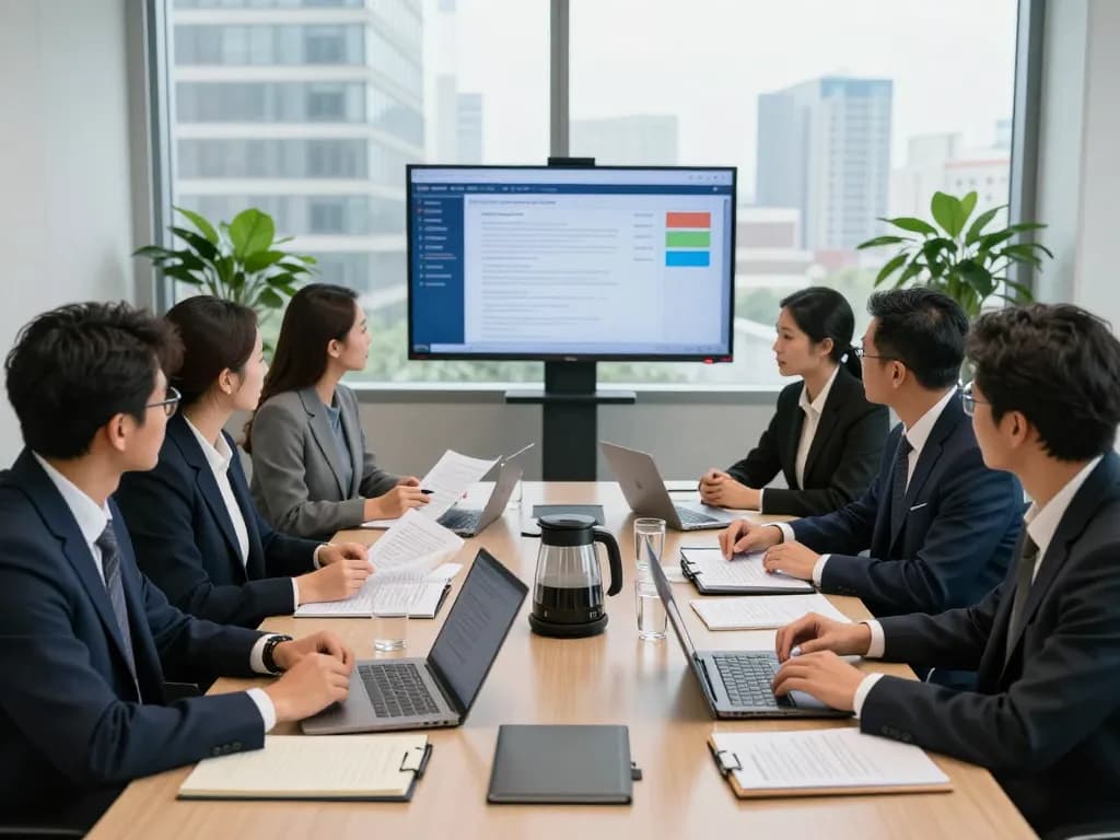 American lawyers collaborating in a modern legal office discussing case strategies and reviewing documents.