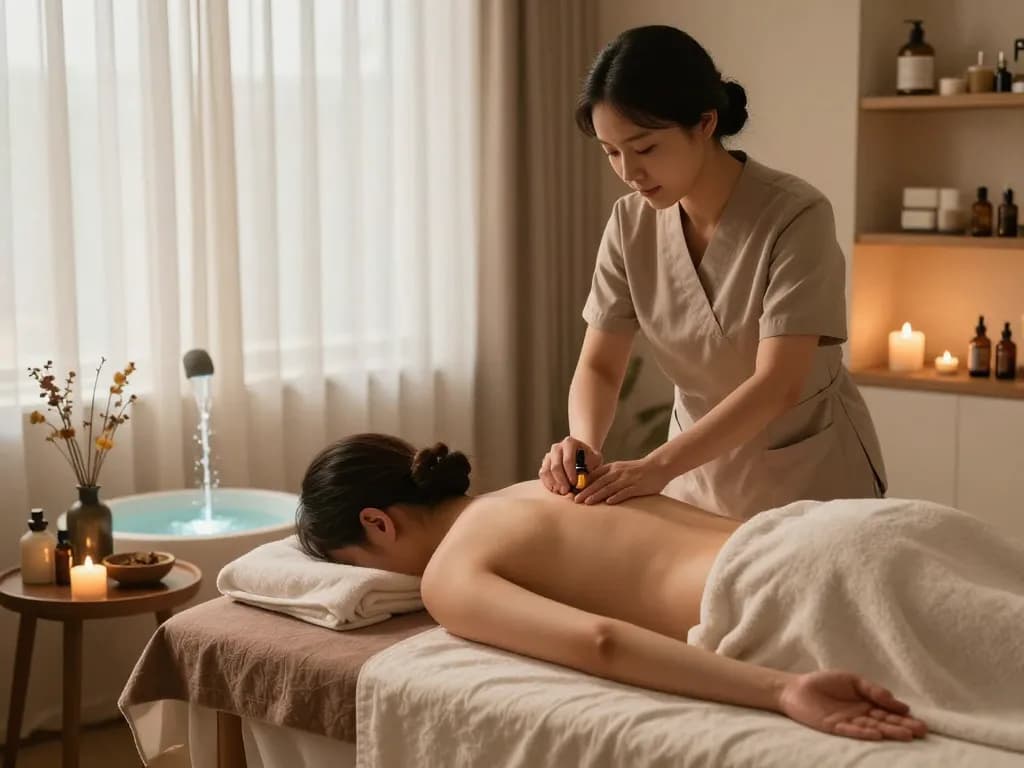 Relaxation during 동대문스웨디시 massage session in serene spa atmosphere with calming elements.