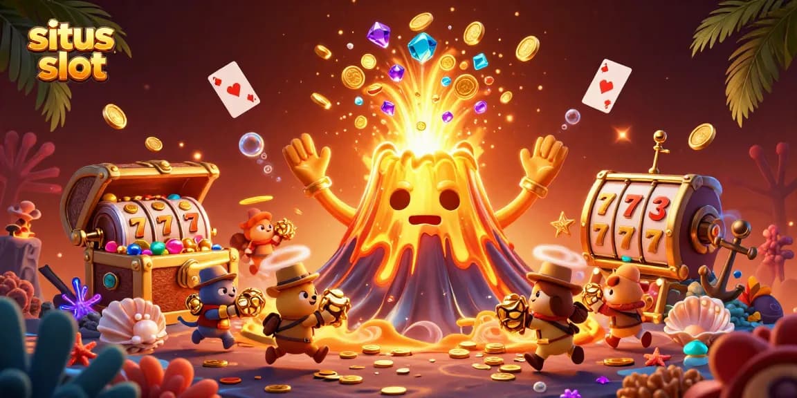 Experience the thrill of situs judi slot with a vibrant 3D scene featuring a golden volcano and slot game elements.