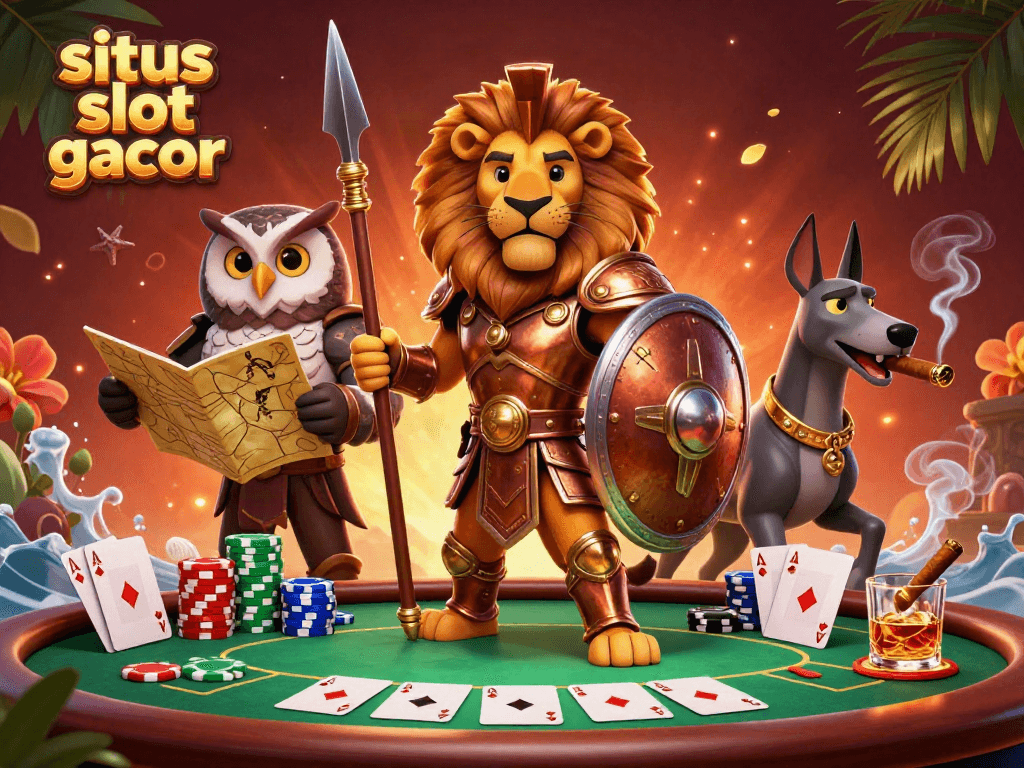 Situs slot gacor scene featuring a Spartan lion and poker elements, showcasing strategic gameplay.