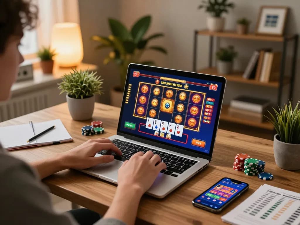 Player engaging in non gamstop casinos during an exciting online gaming session at home, showcasing casino app on laptop.