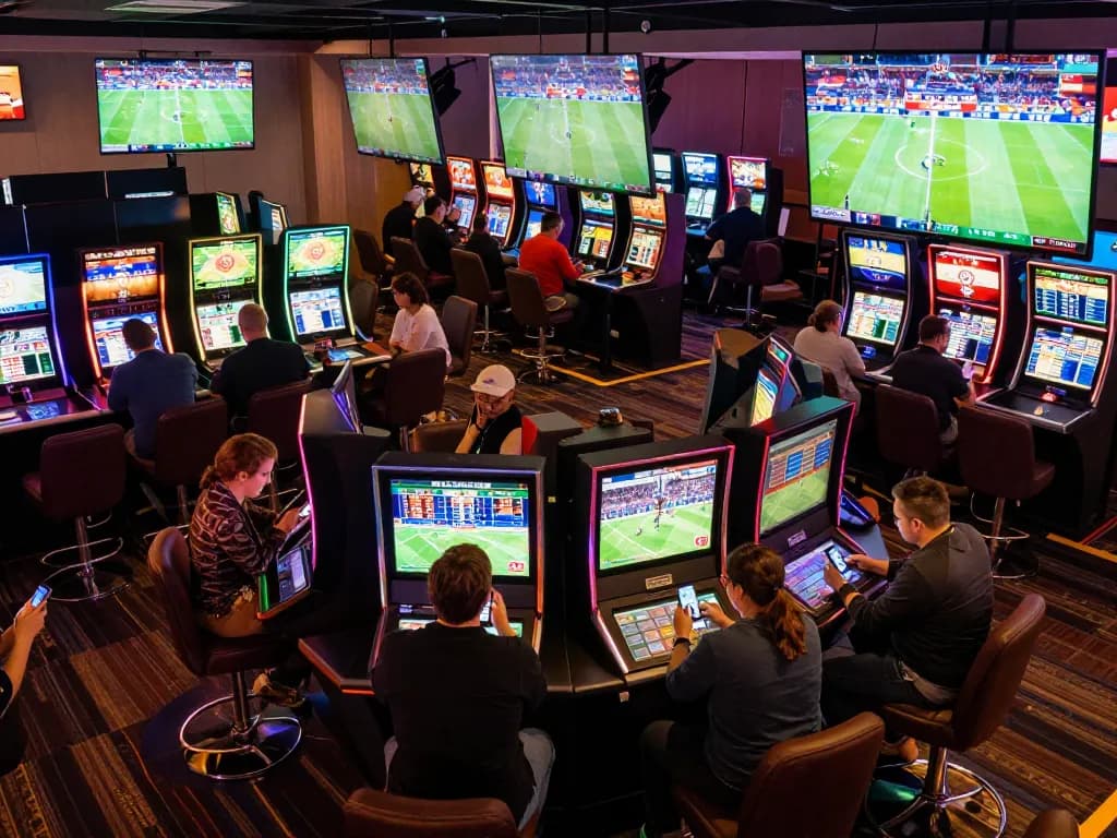 Exciting sports betting experience at ManClub, featuring lively patrons engaging with betting apps and screens.
