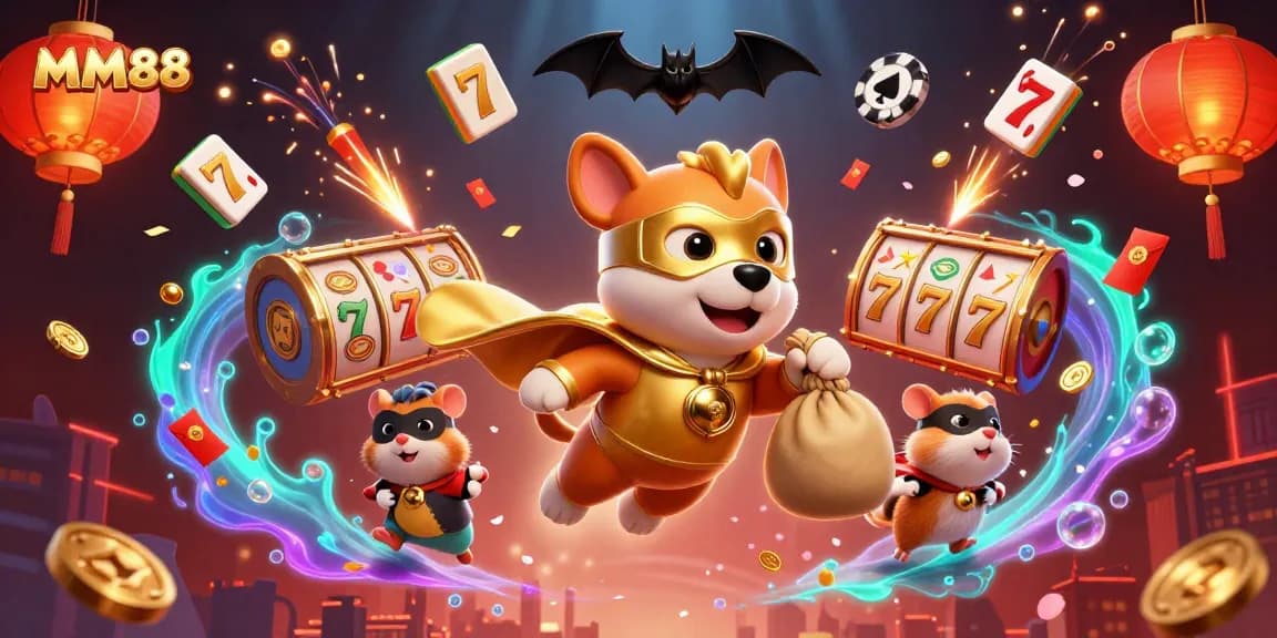 MM88 engages players with a spectacular 3D casino illustration featuring vibrant games and dynamic characters.