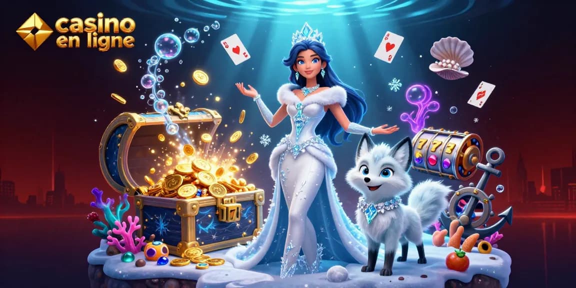 Vivez l'excitation du casino en ligne avec une magnifique illustration 3D mettant en scène une reine des glaces glamour et son compagnon.