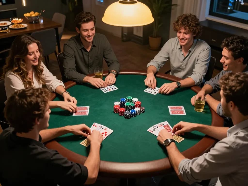 KJC poker night with friends enjoying strategic gameplay and vibrant poker chips at a round table.
