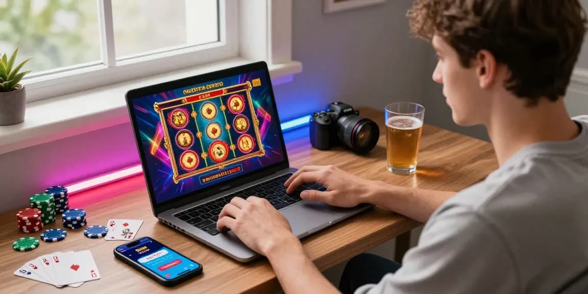 Online credit card casinos engaging scene of a young player at home enjoying vibrant slot games on a laptop, decorated with gaming-themed props.