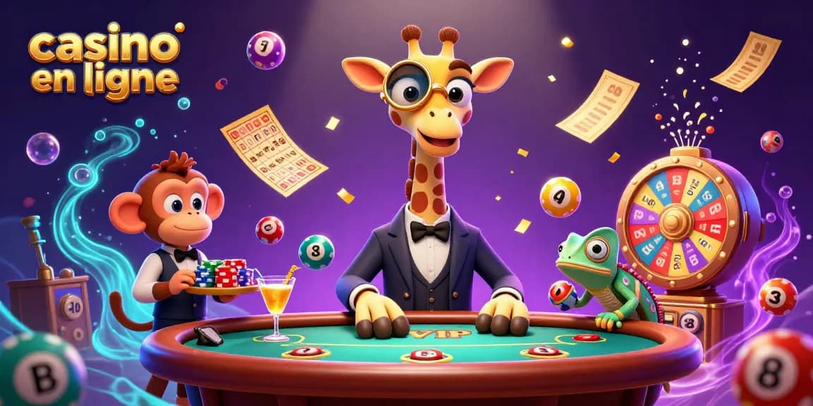 Vivez l'excitation du casino en ligne avec une scène animée présentant une girafe high-roller et des éléments de jeu vibrants.