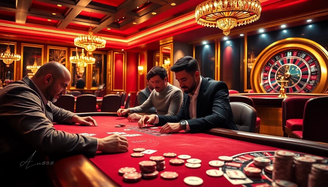 Players engaging in a captivating poker game at u888 casino with luxurious decor.