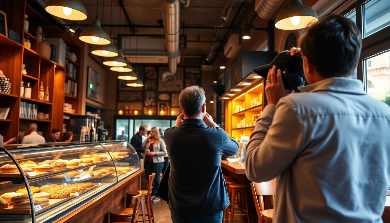 Professional photographer in Milan capturing a lively cafe scene for commercial purposes.