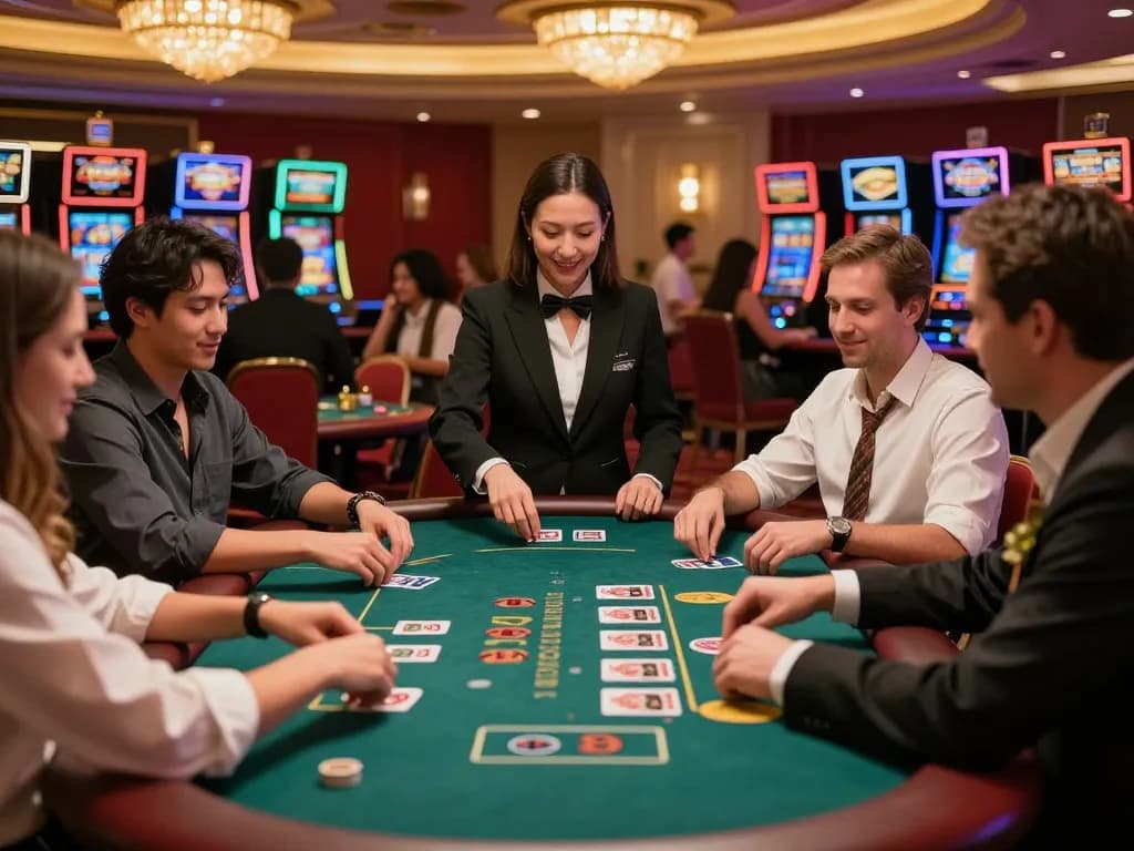 33CC players engaged in exciting blackjack strategy at a vibrant casino table with a professional dealer managing the game.