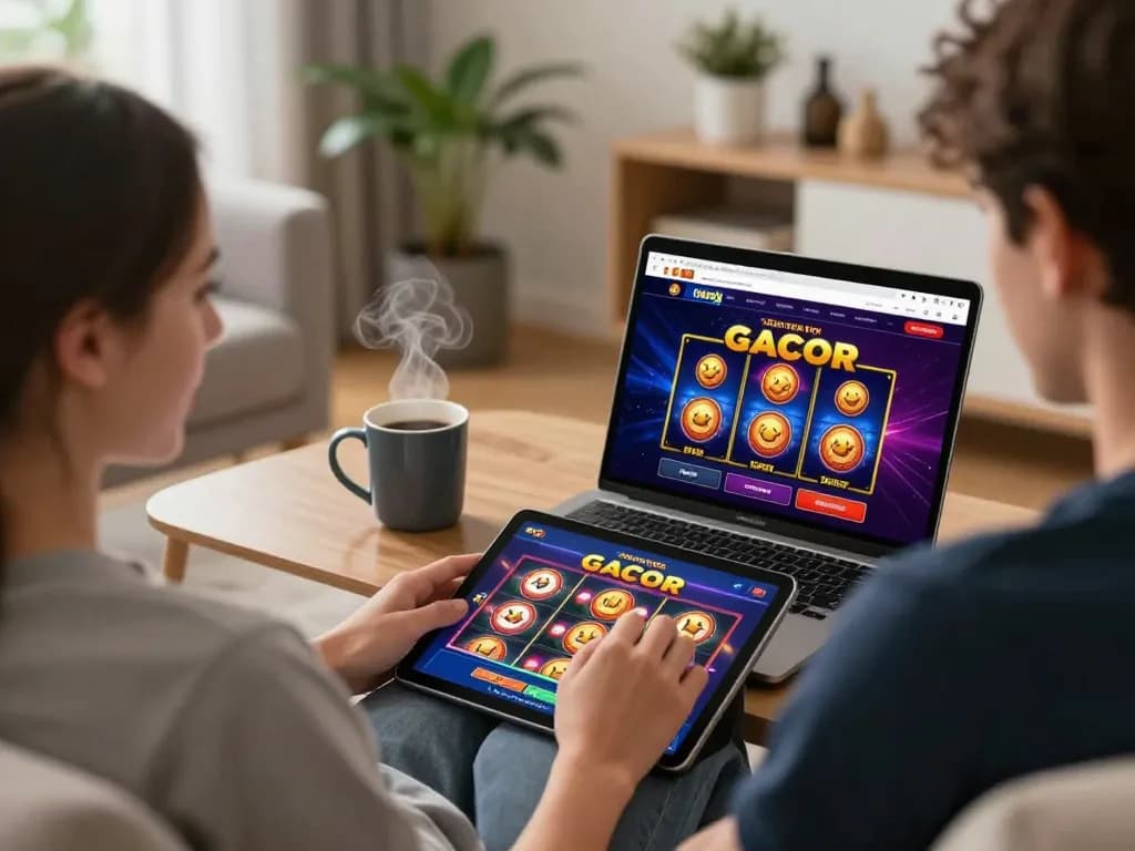 Player enjoying a slot gacor game on a tablet in a cozy home setting enhancing responsible gambling.