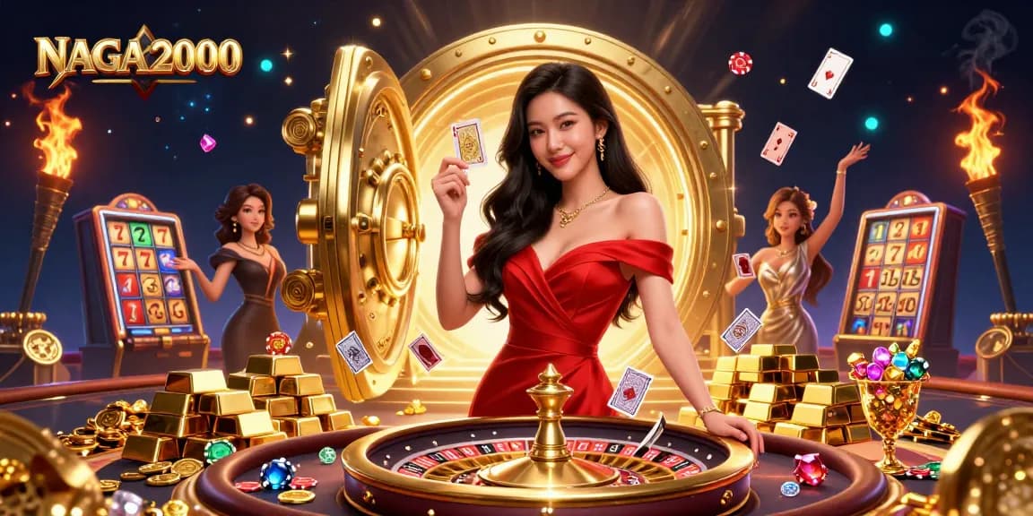 Pemain NAGA2000 menikmati pengalaman kasino yang mendebarkan dengan visual yang menakjubkan dan elemen permainan yang menarik dalam ilustrasi yang penuh aksi.