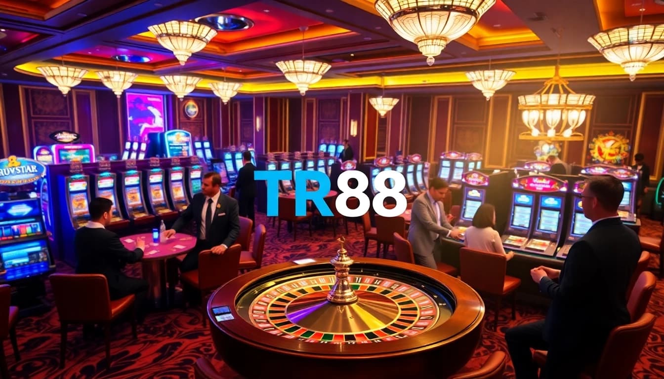 Players enjoying the TR88 casino experience at festive roulette and poker tables.
