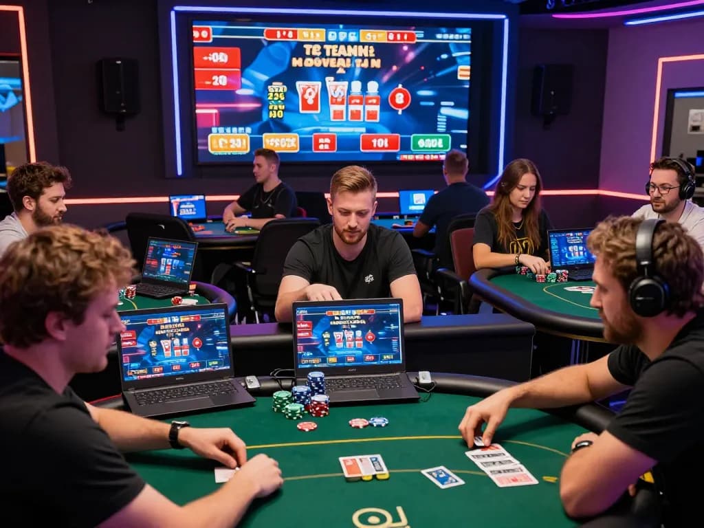 Diverse players enjoying IDN poker games in a vibrant online setting with poker chips and cards, showcasing excitement and engagement.