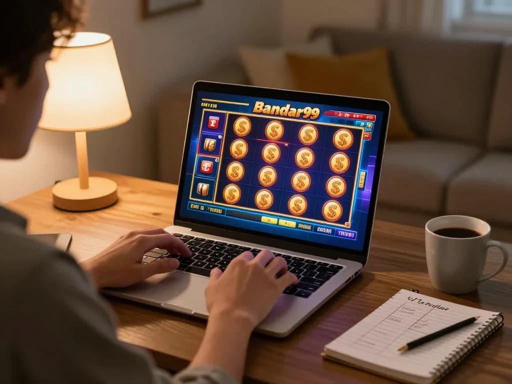 Engaged player spinning the reels on slot bandar99 in a cozy home gaming setup.