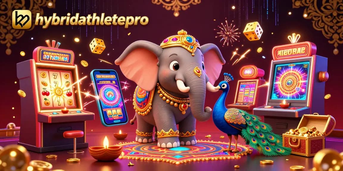 Experience excitement with hybridathletepro's vibrantcasino scene featuring an elephant and peacock amidst slot machines.