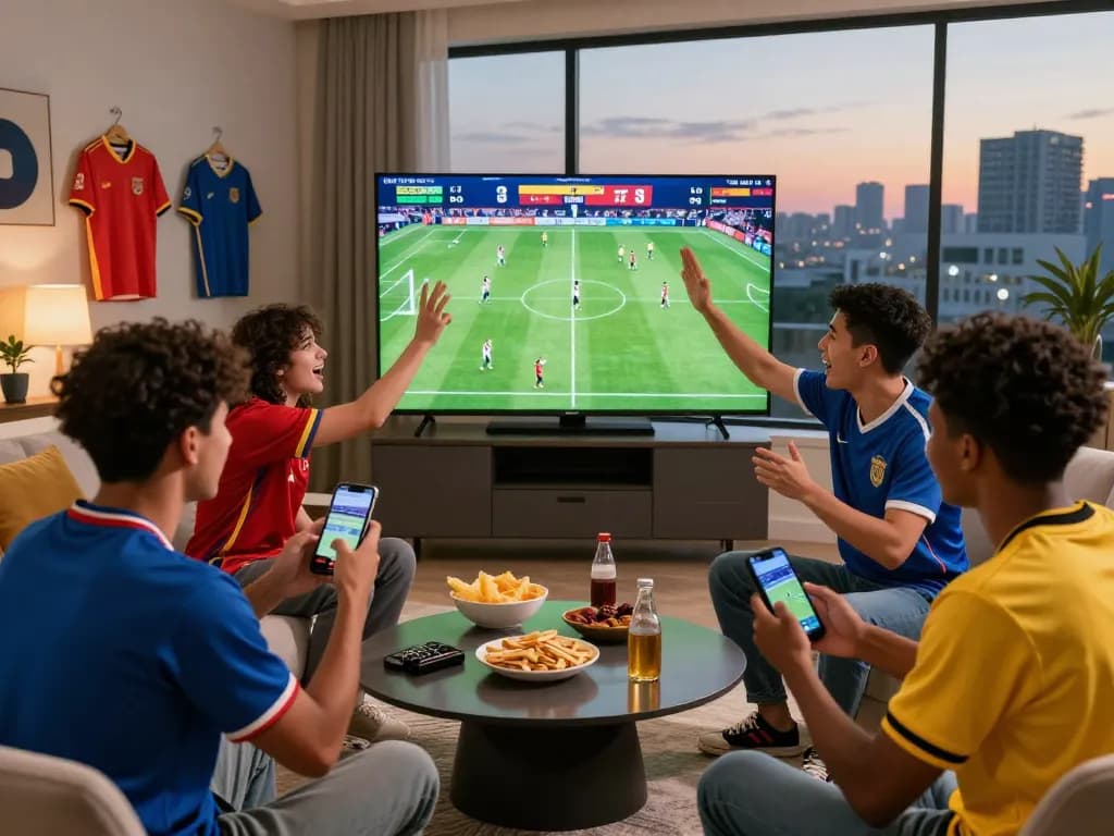 Friends enjoying live sports betting with Nowgoal scores, excited atmosphere.