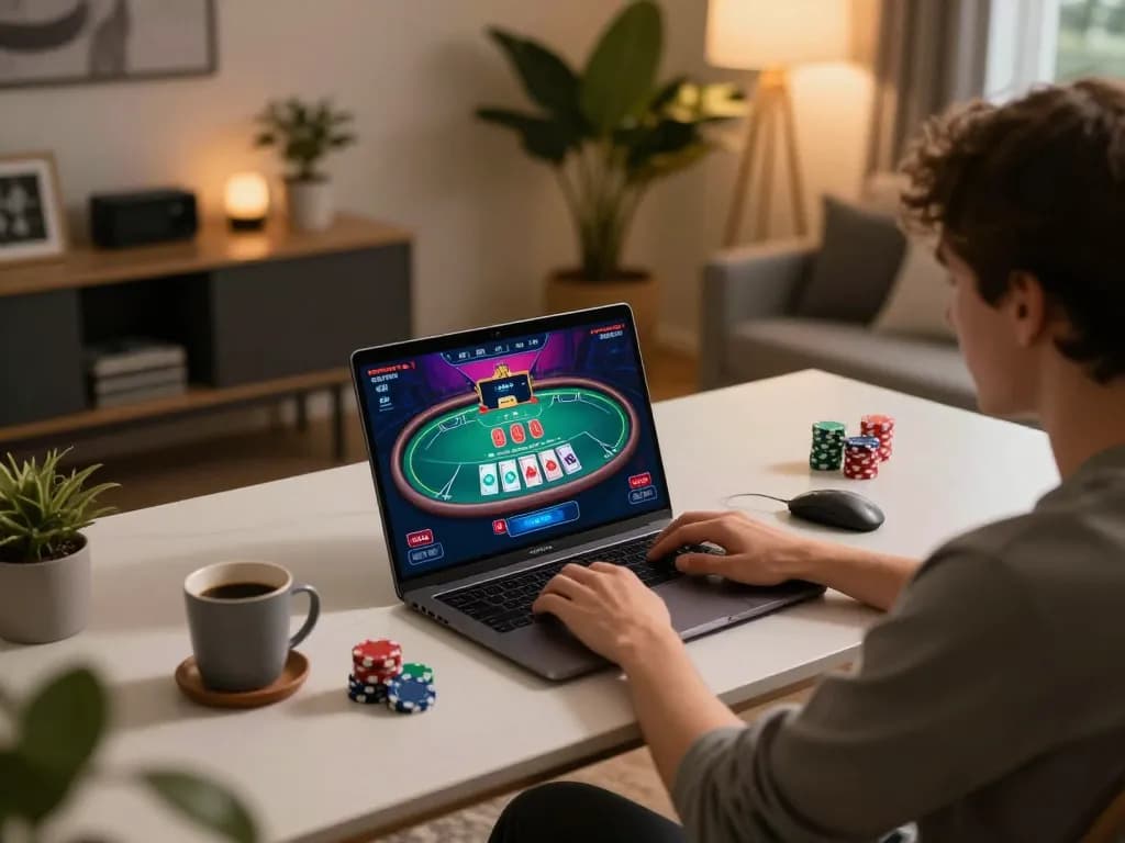 Player engaged in online gambling at home with 123b poker interface visible on laptop
