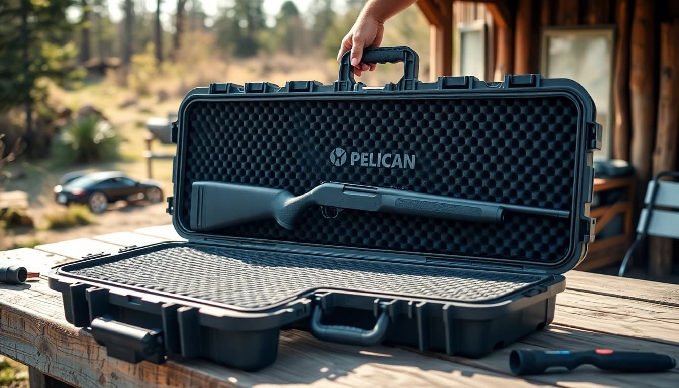 Showcase the pelican rifle case with rugged design and foam interior for outdoor enthusiasts.