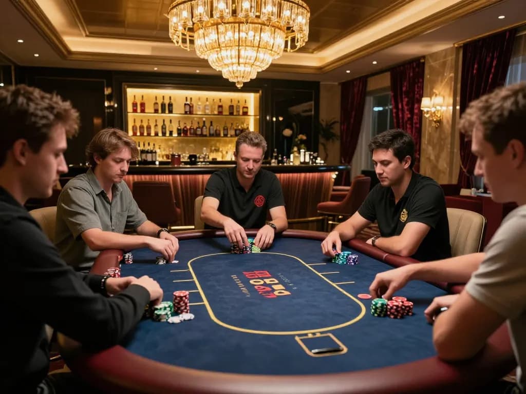 Exclusive MB66 poker game in a luxurious casino with engaged players and high-stakes chips stacked