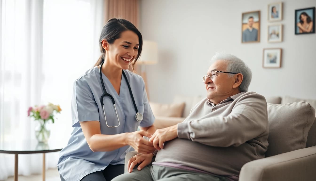 Compassionate caregiver providing in home care near me in a warm living room setting.