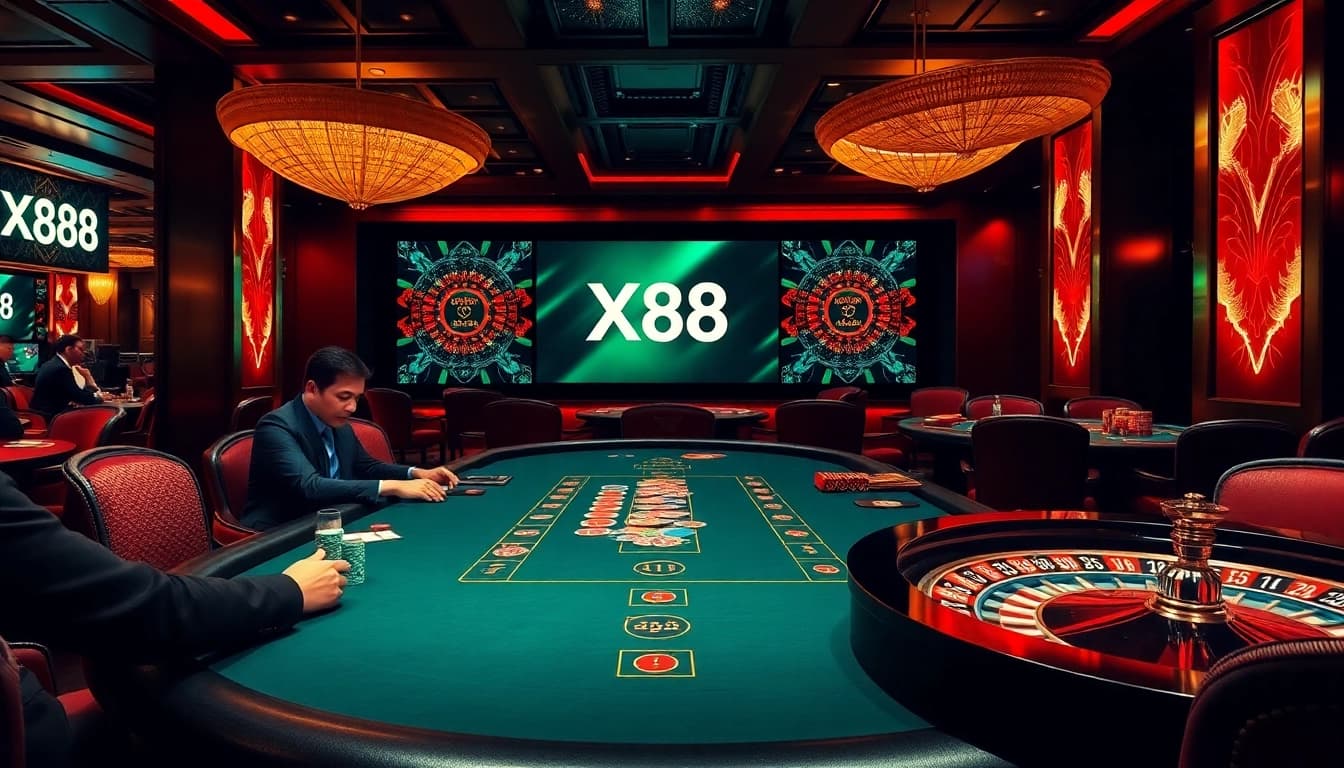 Players at an upscale casino table engaged in intense play with X88 branding featured subtly in the background.