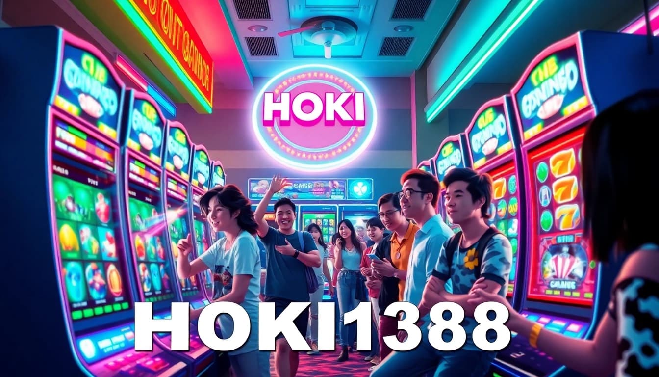 Exciting HOKI138 online gaming scene with players at colorful slot machines.