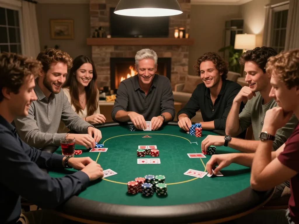 Pemain menikmati pertandingan Texas Hold'em yang ramah di rumah, menampilkan strategi poker m88 mansion Indo.